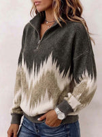 Women's Stand-collar Long-sleeve Loose-fit Abstract Print Knit Pullover