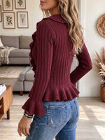 Cascading Ruffle V-neck Ribbed Knit Top