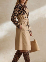 Women's Casual Loose-fit Long-sleeve Leopard Print Panel Trench Coat With Lapel Collar