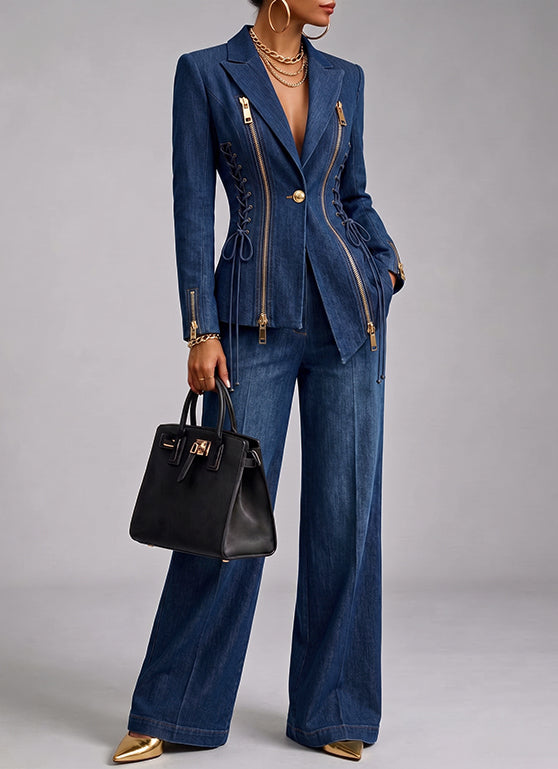 Stylish Denim Blazer With Lace-up And Zipper Details