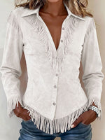 Women's Solid Color Collared Long-sleeved Casual Loose Faux Suede Tassel Shirt