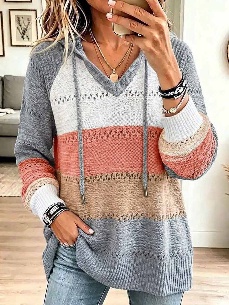 Women's Color-blocked V-neck Long-sleeved Casual Loose Knit Hooded Pullover