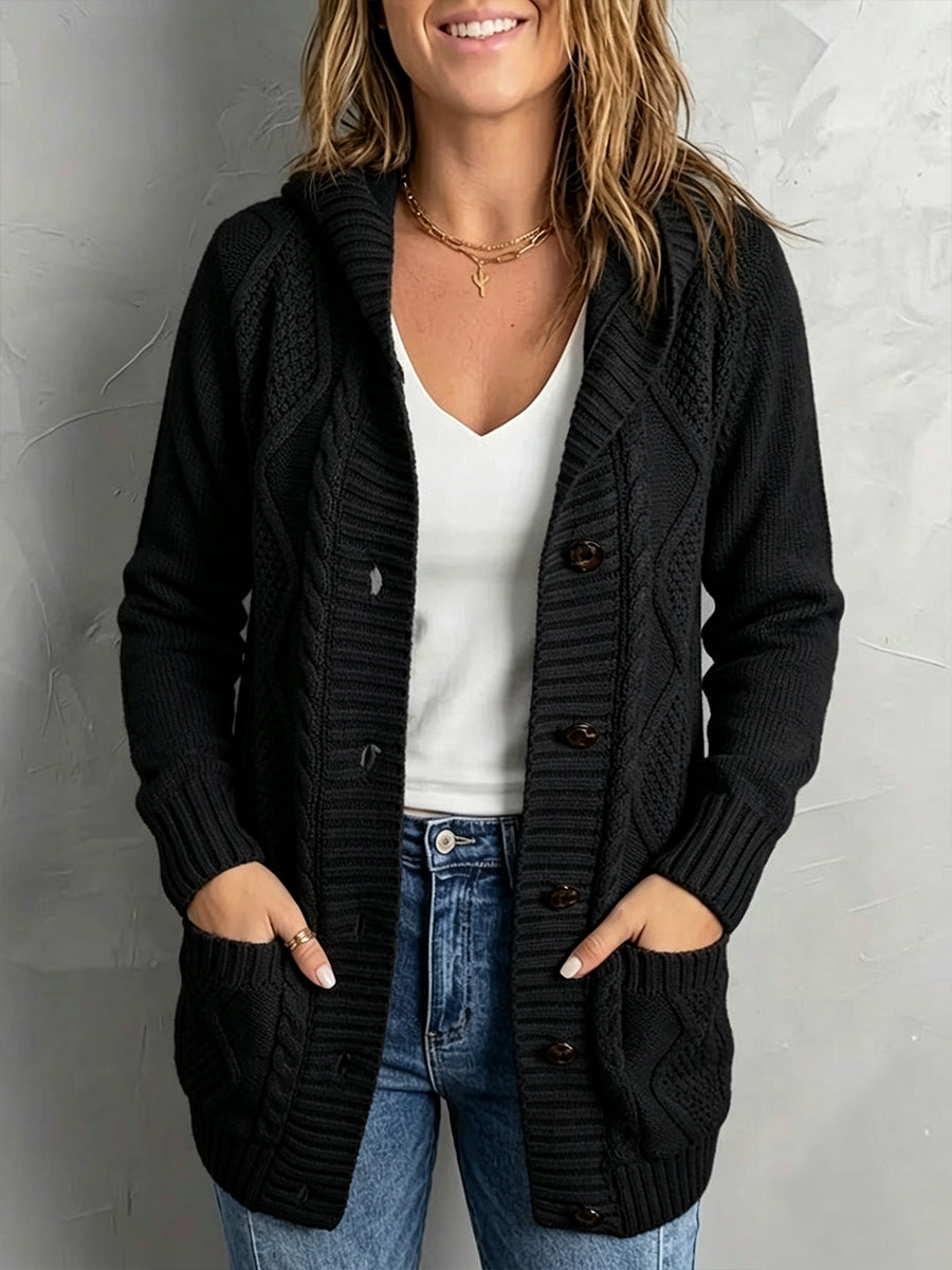 Casual Hooded Cable-knit Cotton-blend Cardigan