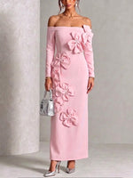Off‑shoulder 3d Floral Long‑sleeve Fitted Maxi Dress