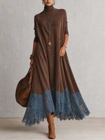 Women's Casual Loose-fit A-line Dress With Lace Paneling, High Neck, And Long Sleeves