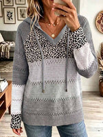 Women's Color-blocked Leopard Print V-neck Long-sleeved Casual Loose Hooded Knit Pullover