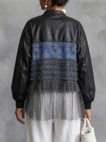Faux Leather, Denim, And Mesh Paneled Zip-up Baseball-collar Jacket With Ruffle Detailing