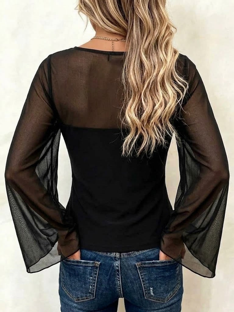 Cowl-neck Mesh-panel Flared Long-sleeve Top