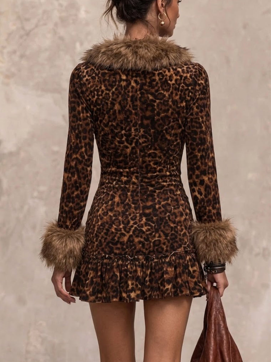 Leopard-print Faux-fur Collar, Drawstring-ruched, Ruffled, Bodycon Mini Skirt
