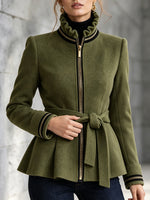 Stylish Wool-blend Jacket With Ruffled Stand Collar, Tie Detail, And Ruffled Hem