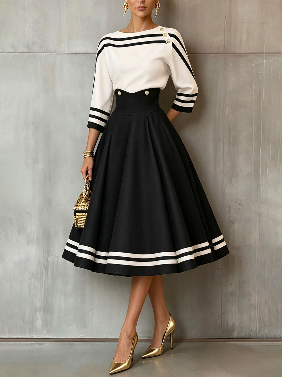 Chic Retro Black And White Striped Midi Dress Set