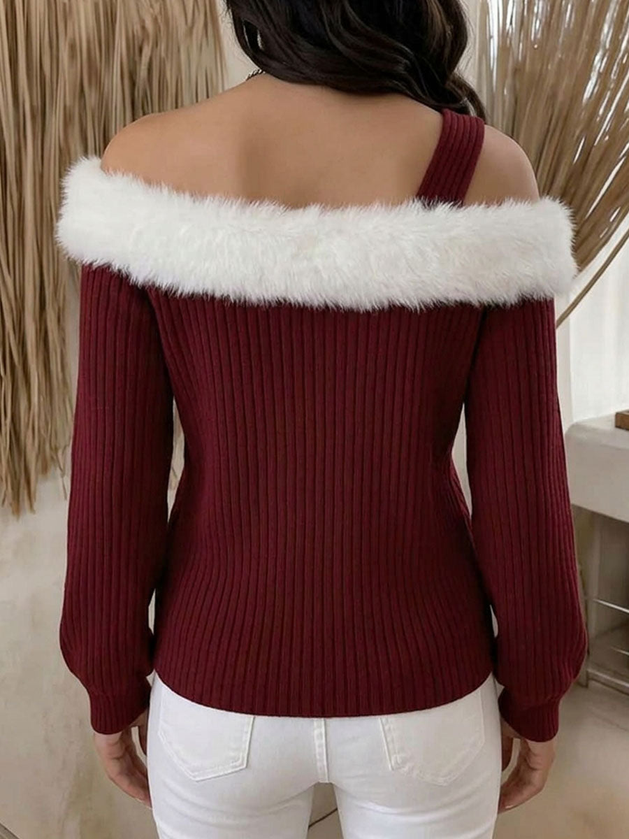 Women's Burgundy Off-the-shoulder Ribbed Knit Top With Faux Fur Trim
