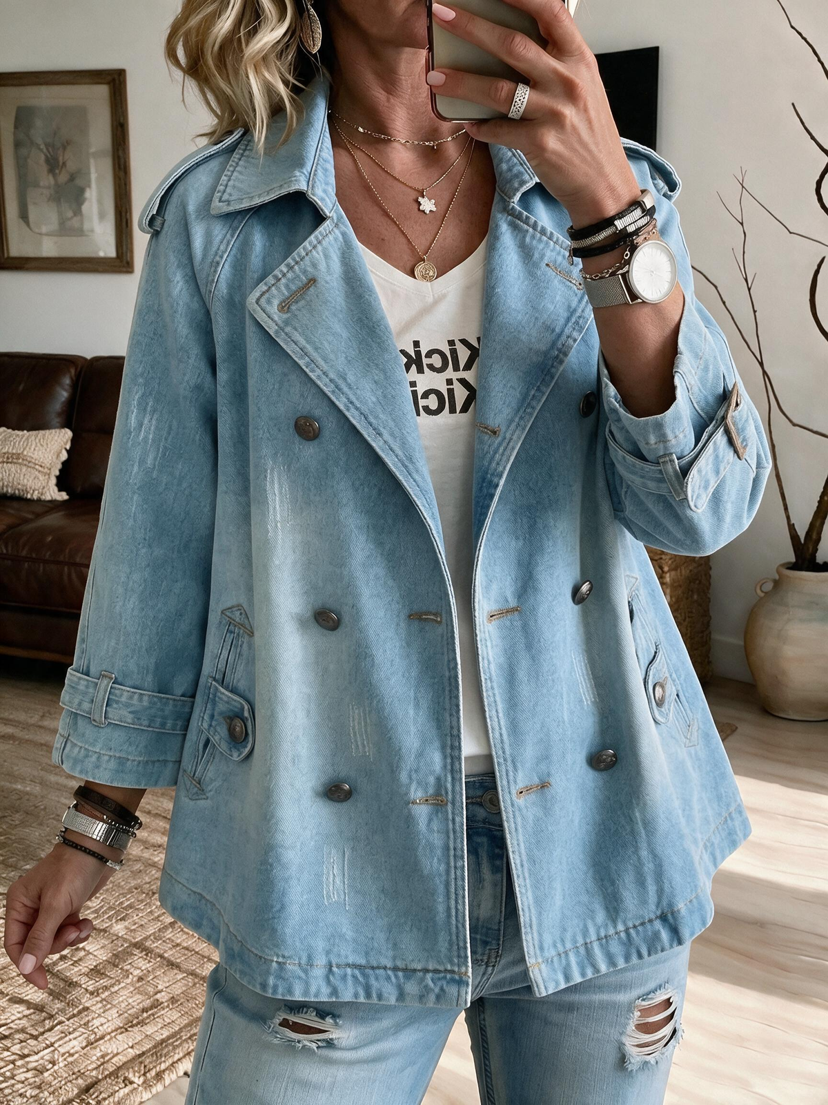 Vintage Washed Denim Pea Coat – Lapel Collar Utility Jacket