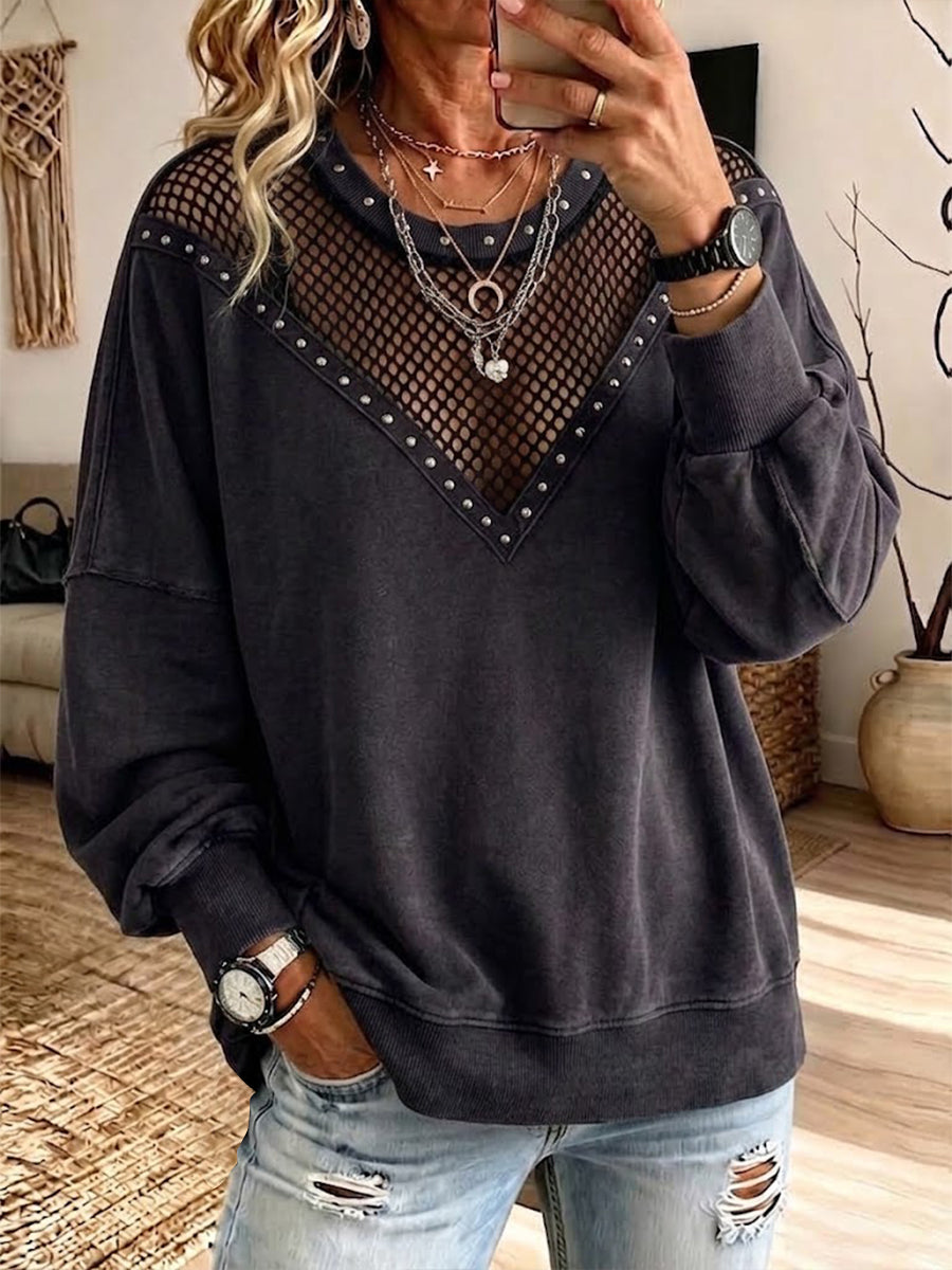 Casual Mesh-paneled, Stud-embellished Loose Sweatshirt