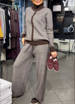 Cozy Color-block Zip-up Knit Cardigan And Trousers Two-piece Set