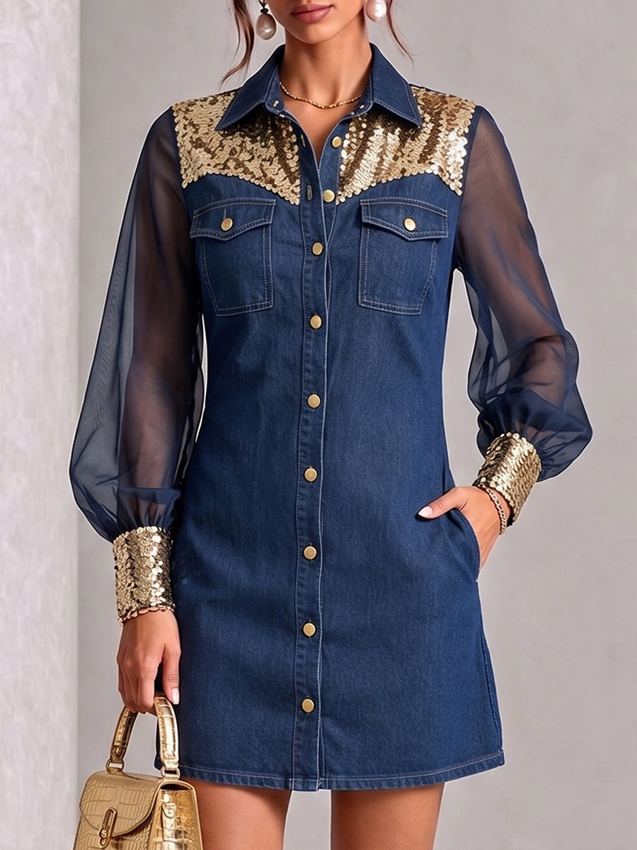 Chic Sequin-Accented Denim Shirt Dress