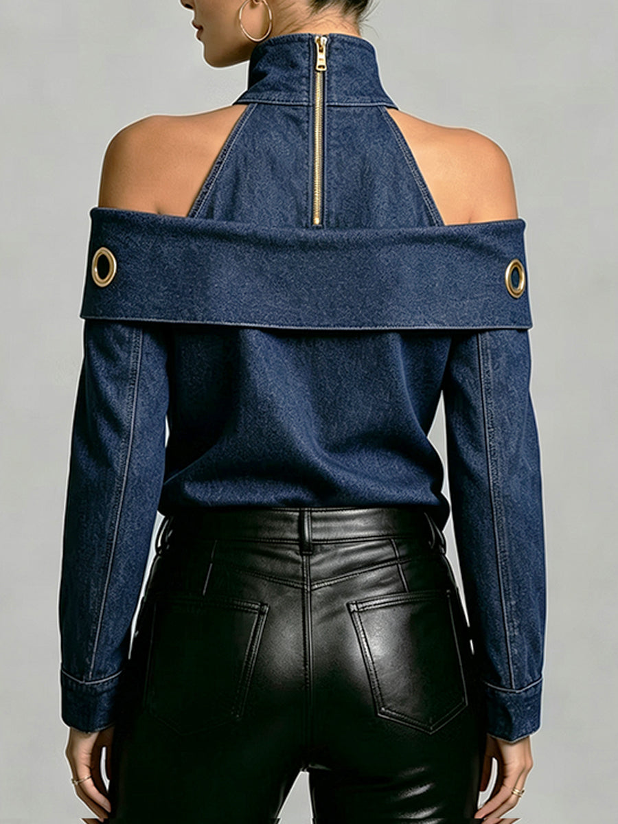 Stylish Off-the-shoulder Halter-neck Denim Top