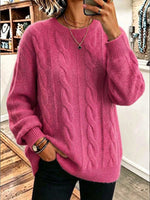 Women's Solid Color Round Neck Long Sleeve 3d Cable Knit Casual Loose Pullover Knit Sweater