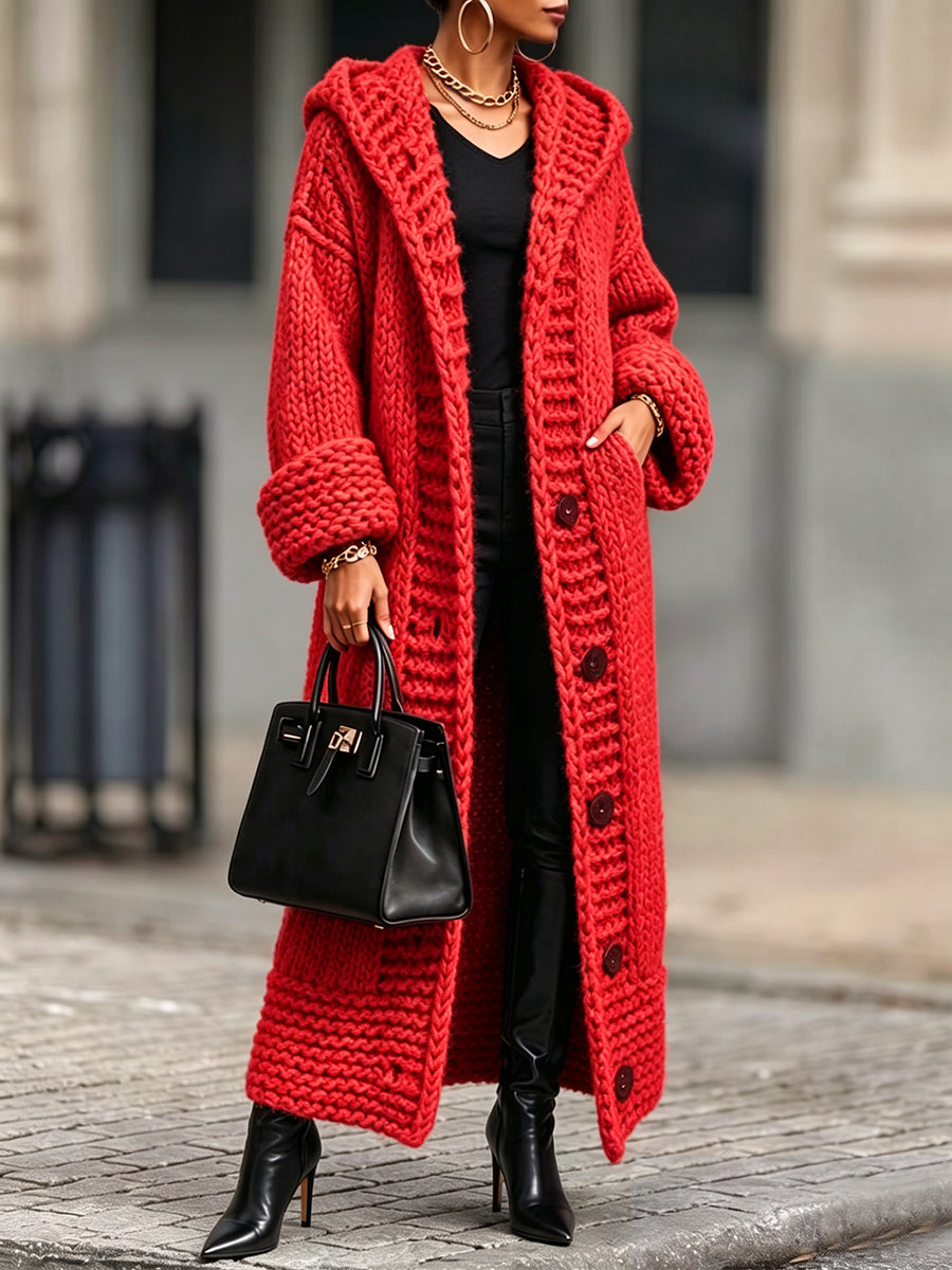 Casual, Relaxed-fit, Long, Chunky-knit Hooded Cardigan