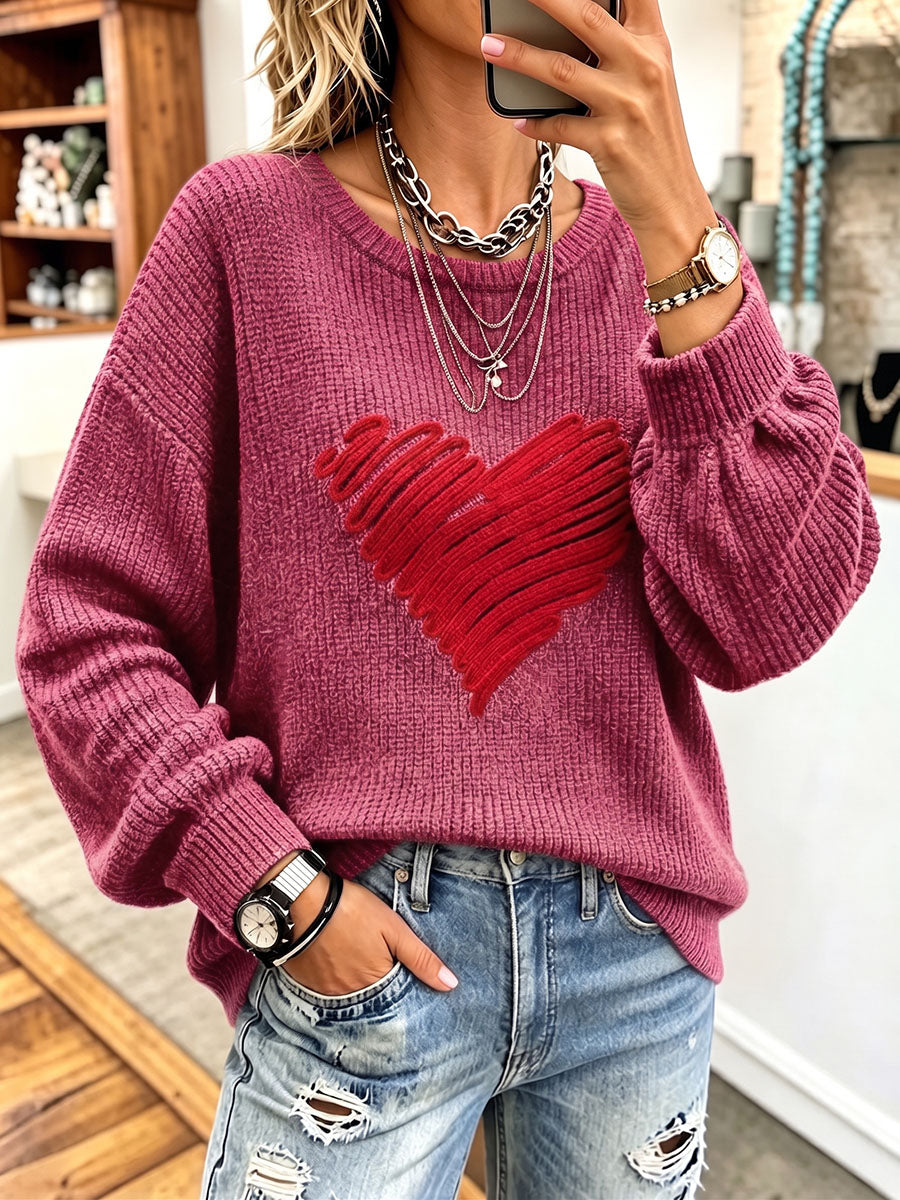 Cozy Chic Heart-stitch Knitted Sweater