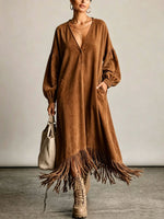 Vintage-style Faux Suede Maxi Dress With A Fringed Hem