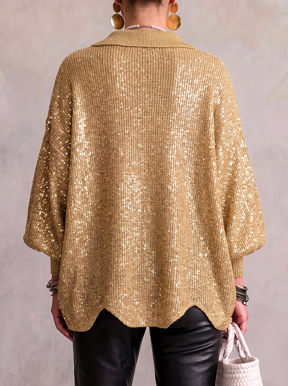 Oversized Collared Knit Cardigan With Large Metal Buttons