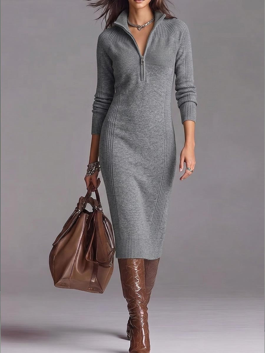 Women's Solid Color Stand Collar Long Sleeve Casual Slim Fit Bodycon Knit Dress