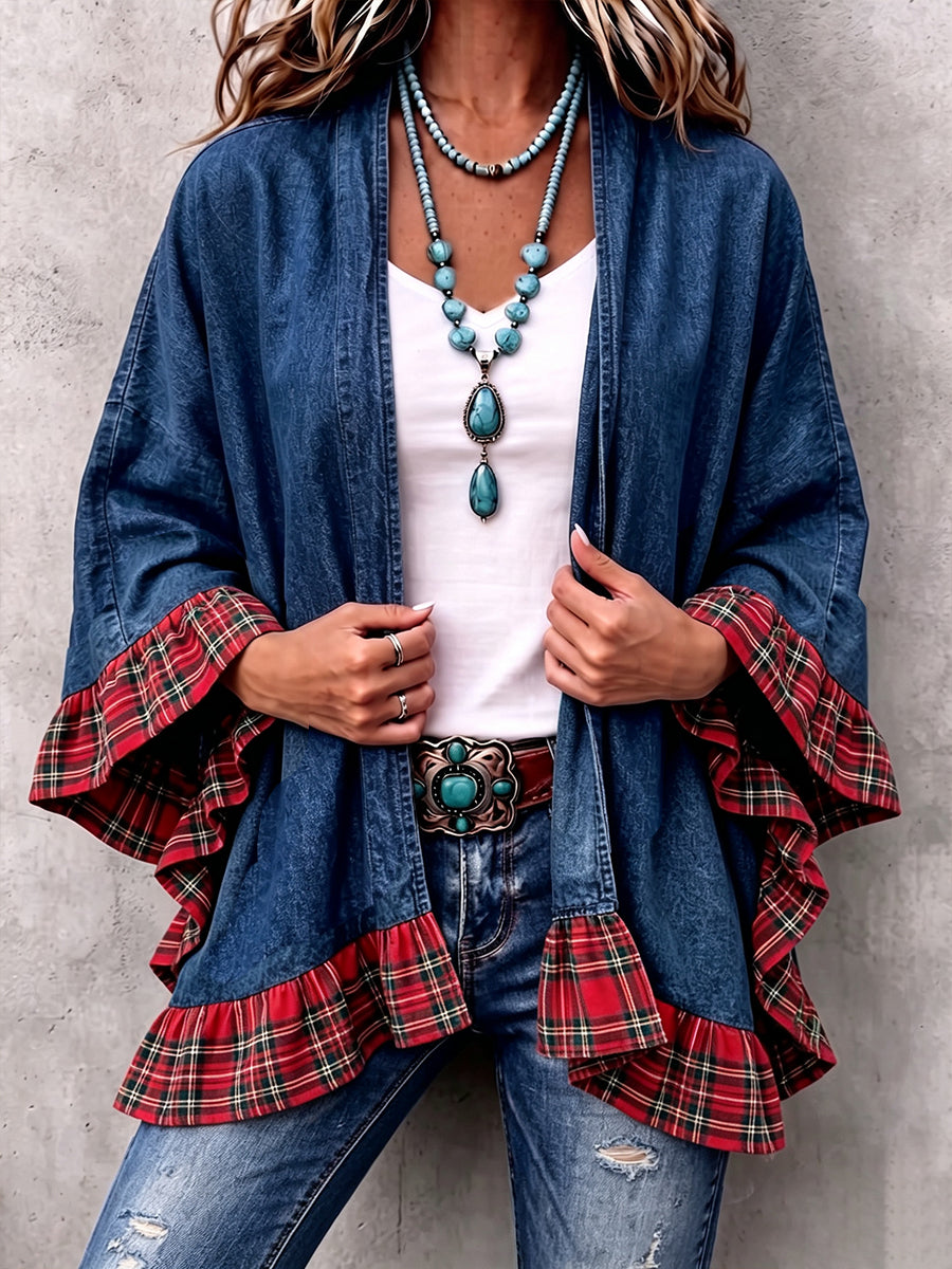 Western Denim & Tartan Plaid Ruffle-Trim Open Cardigan