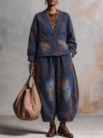 Women's Vintage Floral Print Denim Two-piece Set
