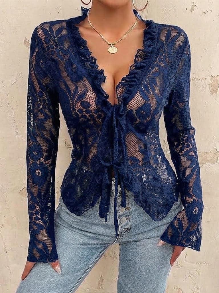 Long-sleeve Lace Shirt With V-neck And Tie-front Detail