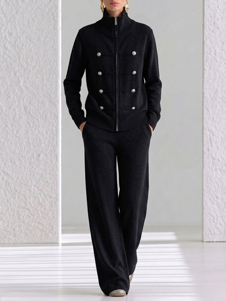 Women's Solid Color Stand Collar Long Sleeve Casual Loose Knit Top And High Waist Wide Leg Pants Knit Set