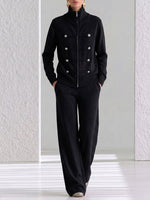 Women's Solid Color Stand Collar Long Sleeve Casual Loose Knit Top And High Waist Wide Leg Pants Knit Set