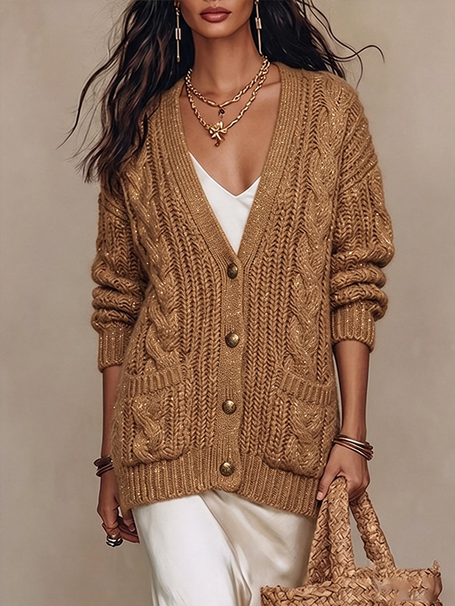 Old Money Cozy Shiny Cable-Knit Cardigan