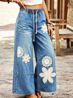 Cozy Bohemian Denim Wide-leg Pants With Crochet Flower
