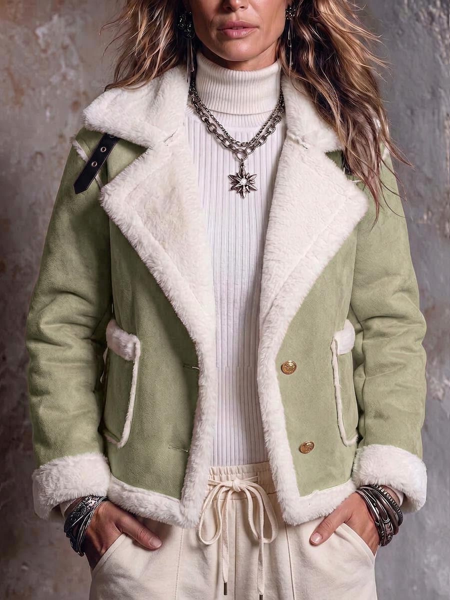 Women's Long-sleeved Casual Loose-fitting Faux Suede Jacket With Lapel