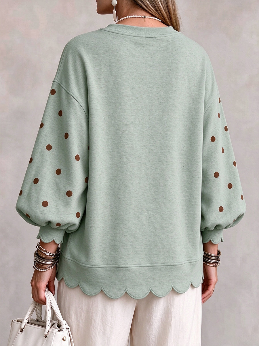 Whimsical Polka Dot Sleeve Scalloped Pullover