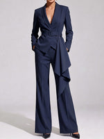 Women's Solid Color Lapel Long Sleeve Casual Loose Fit Suit High Waist Wide Leg Pants Set