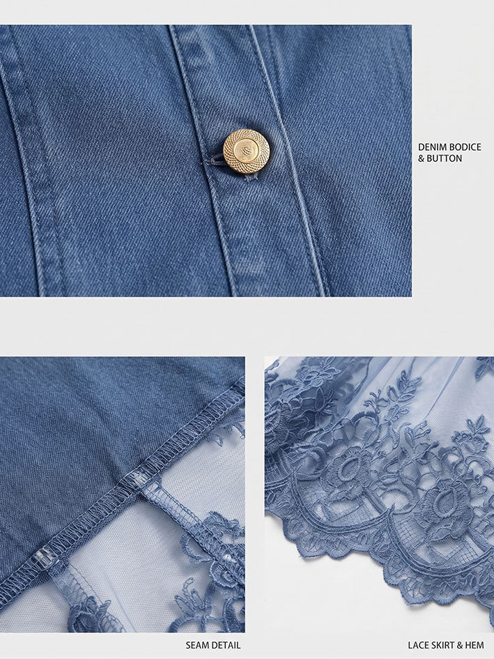 Elegant Sophisticated Denim Dress With A Lace Hem
