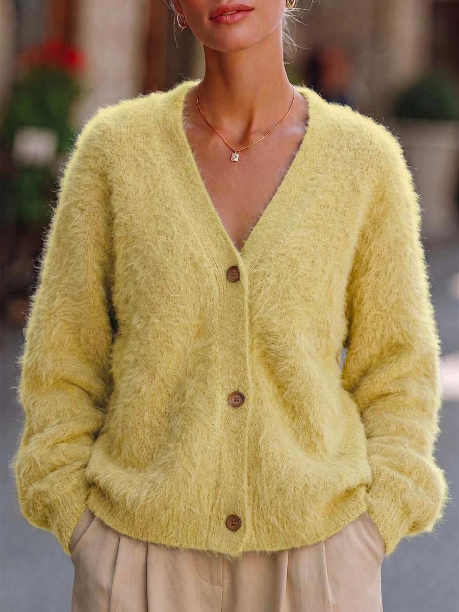 Women's Solid Color V-neck Long Sleeve Casual Loose Knit Cardigan