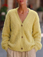 Women's Solid Color V-neck Long Sleeve Casual Loose Knit Cardigan