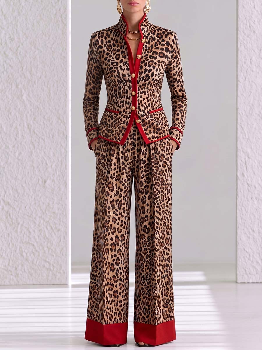 Women's Leopard Print High-waisted Casual Loose Color-blocked Wide-leg Pants