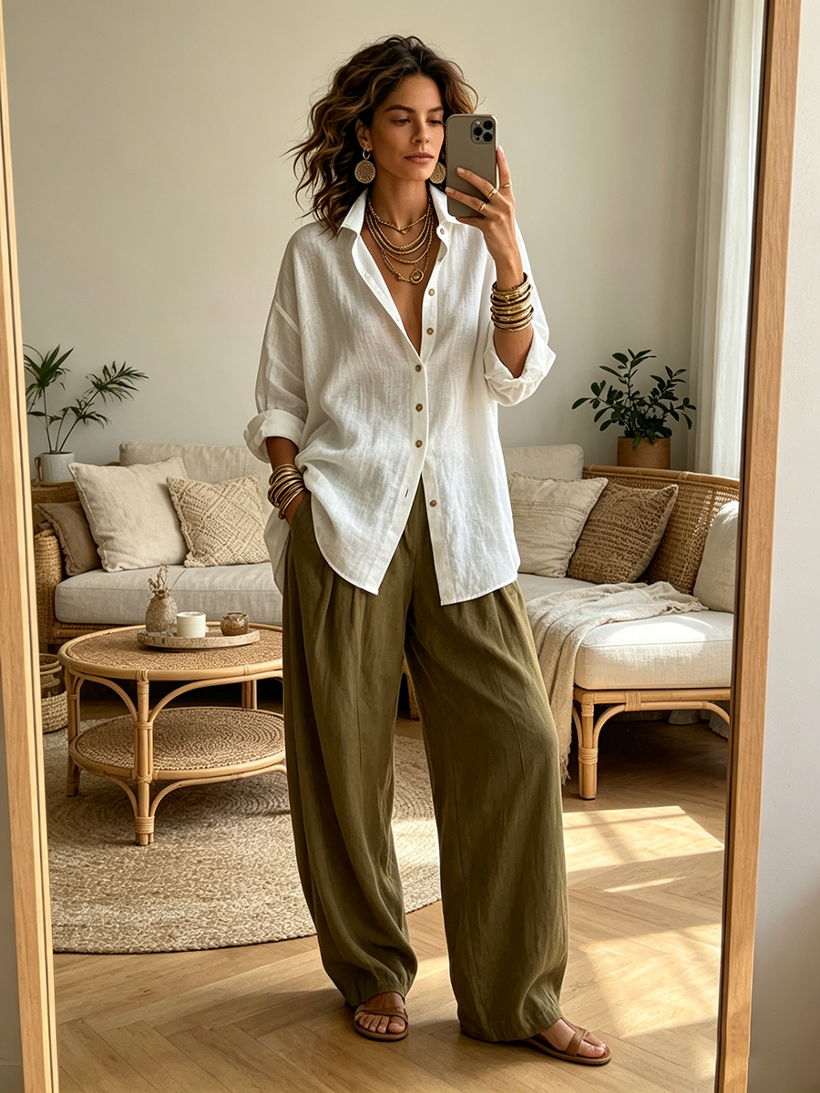 Chic Casual Relaxed-fit Olive Green Cotton Linen Outfit Set