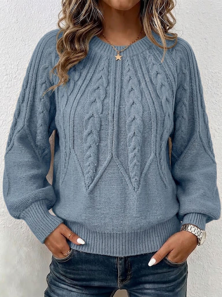 Vertical Cable Knit Raglan Balloon‑sleeve Crew Neck Sweater