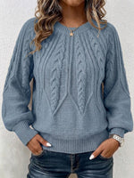 Vertical Cable Knit Raglan Balloon‑sleeve Crew Neck Sweater