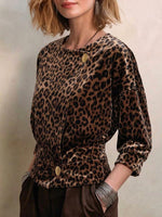 Women's Casual Loose-fit Leopard Print Velour Top With Round Neck And 3/4 Sleeves