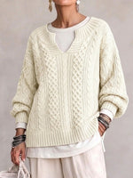 Vintage-style Cable-knit Sweater With A Small Notched V-neck