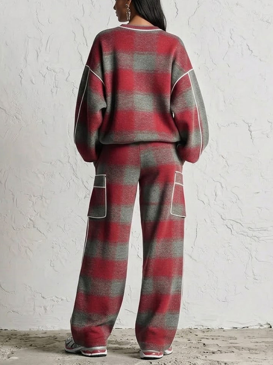 Distressed-style Plaid Matching Set With Color-contrast Piping