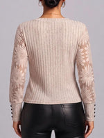 Women's V-neck Lace-trimmed Long-sleeved Casual Loose Pullover Knit Top