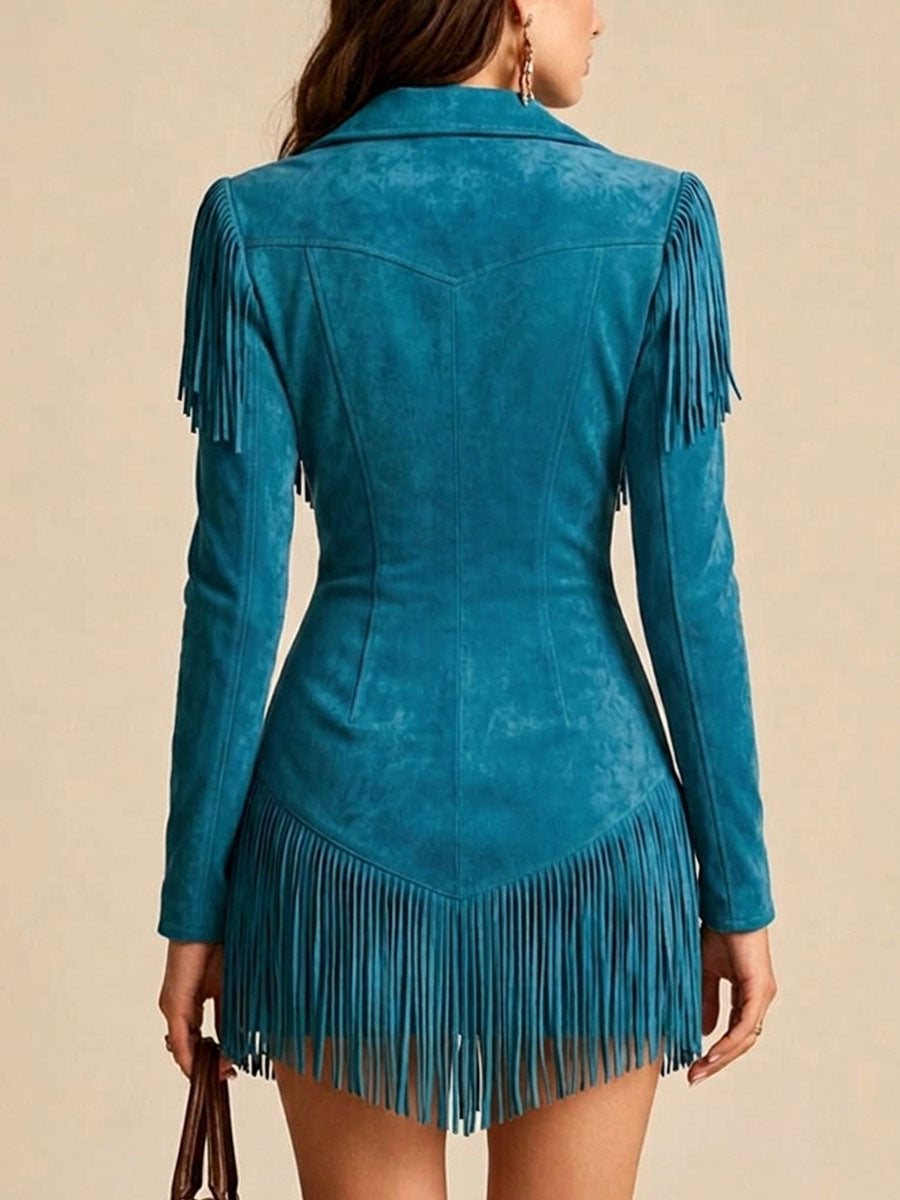Faux Suede Zip-Up Fringe Western Mini Dress