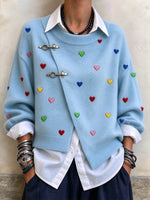 Chic Asymmetric Wool-blend Sweater With Heart Embroidery